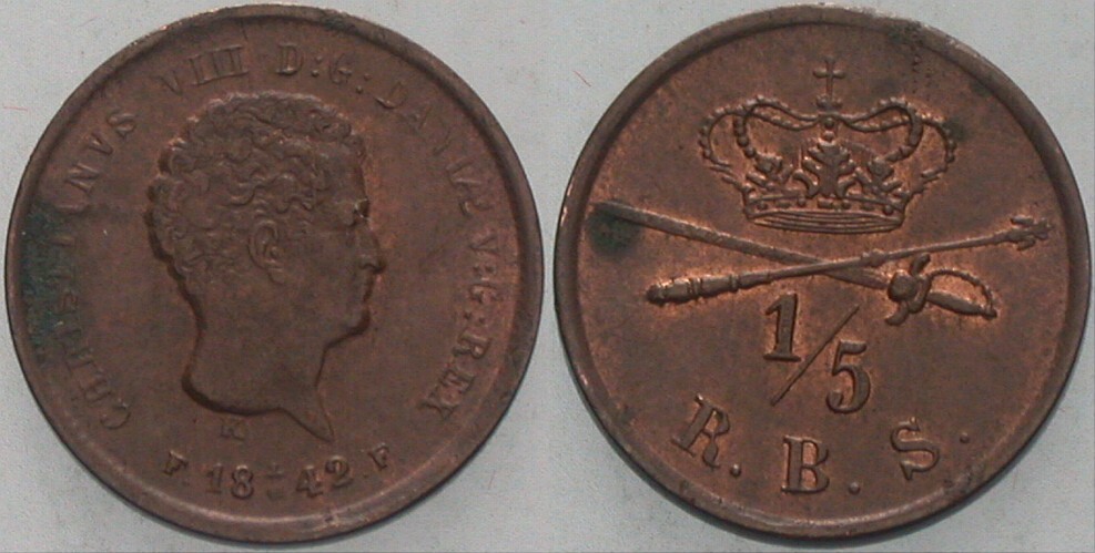 1/5 Rigsbankskilling 1842 KM. 724 Patina, vorzüglich