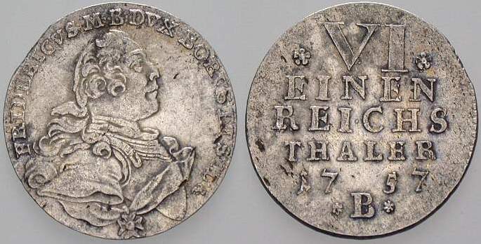 1/6 Taler 1757 Slg. Wilm. 767 Kl. Zainende, Patina, sehr schön - vorzüglich