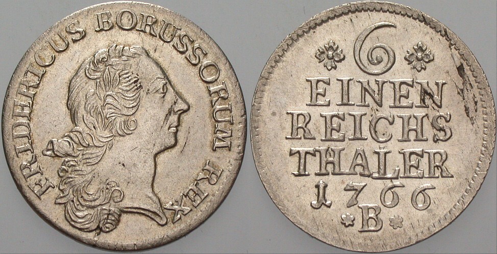 1/6 Taler 1766 Olding 93 Kl. Schrötlingsfehler, vorzüglich - Stempelglanz