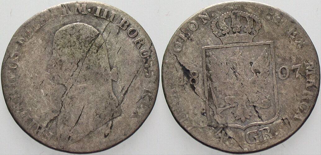 1/6 Taler=4 Groschen 1807 Jaeger 27 AKS 23 Gering erhalten