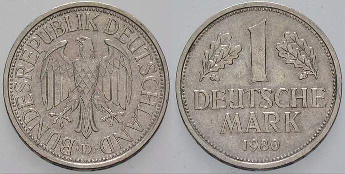 1 Deutsche Mark 1980 J. 385 sehr schön