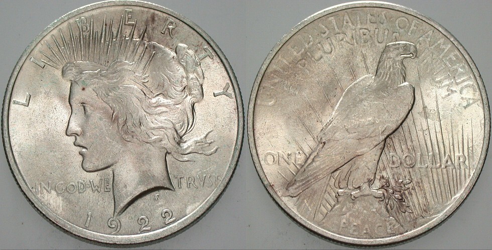 1 Dollar 1922 KM 150 Patina, vorzüglich - Stempelglanz