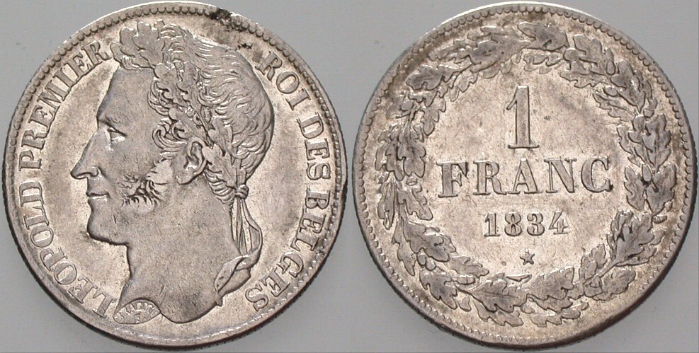 1 Franc 1834 K.M. 7.1 Kl. Schrötlingsfehler am Rand, sonst fast vorzüglich