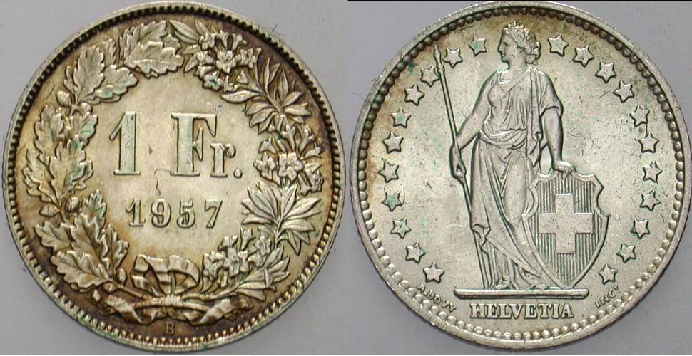 1 Franken 1957 Patina, fast Stempelglanz