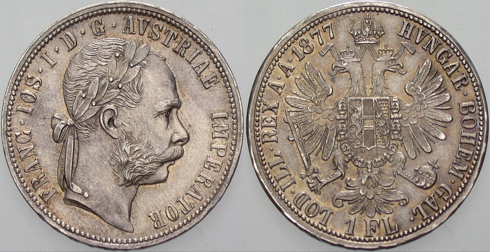 1 Gulden 1877 Jl. 342 Vorzüglich, Patina, winz. Randfehler