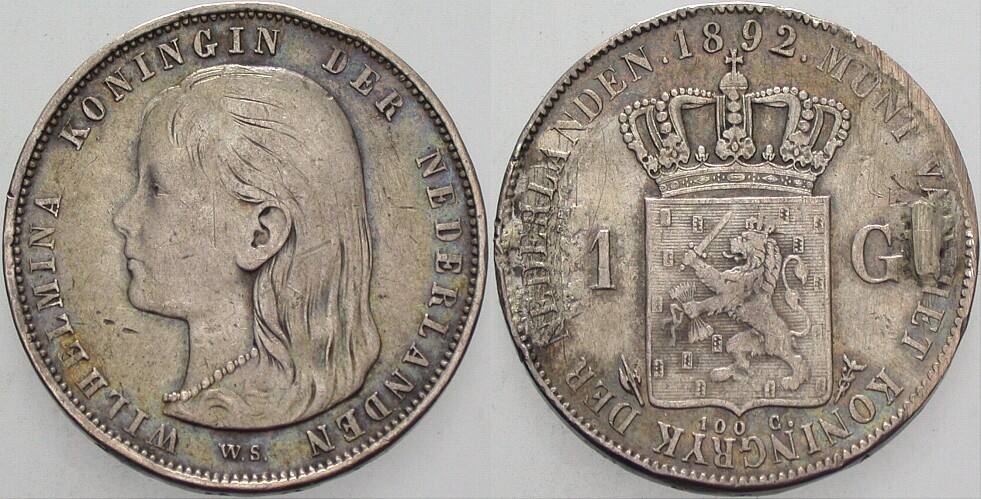 1 Gulden 1892 KM 117 Kl. Rdf., Patina, fast sehr schön
