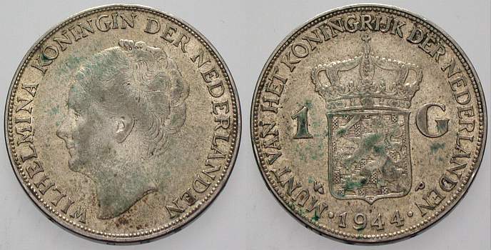 1 Gulden 1944 KM 161.2 Patina, sehr schön - vorzüglich