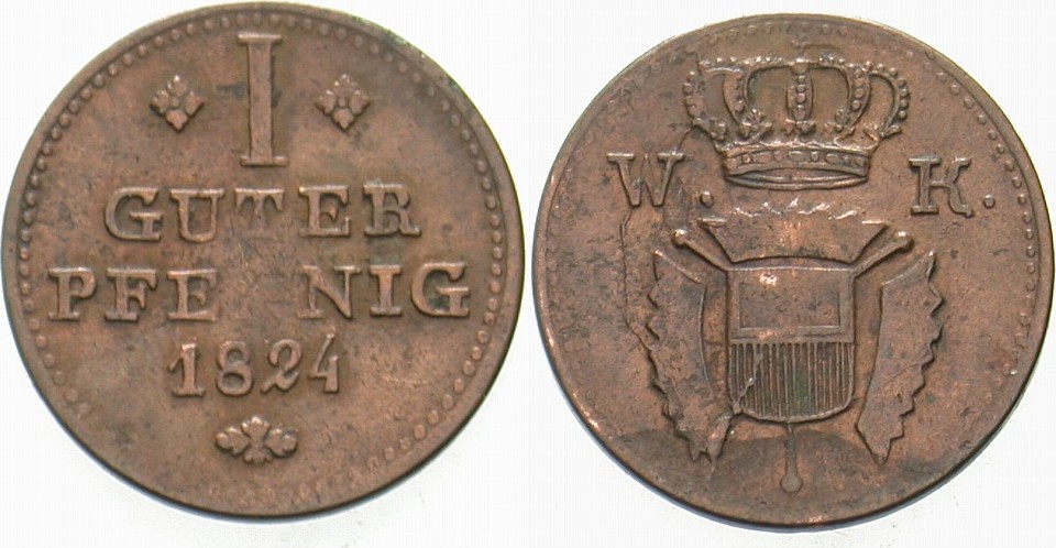 1 Guter Pfennig 1824 Jaeger 23 AKS 32 Sehr schön