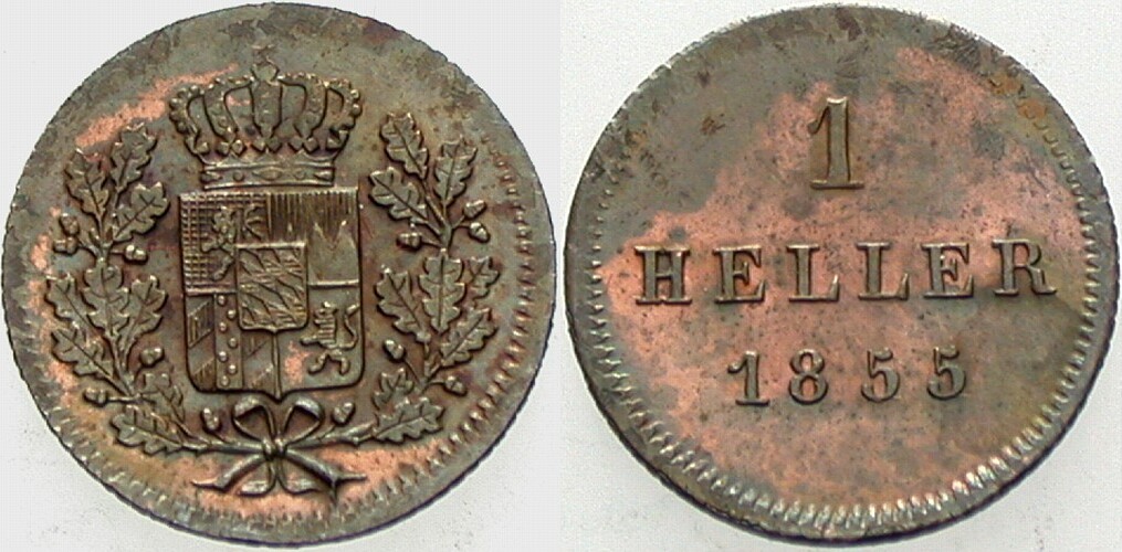 1 Heller 1855 Jaeger 55 AKS 162 leicht fleckig, vorzüglich +