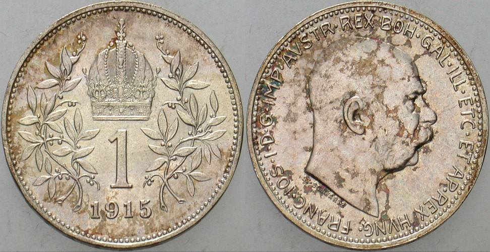 1 Krone 1915 Jl. 378 Patina, vorzüglich +