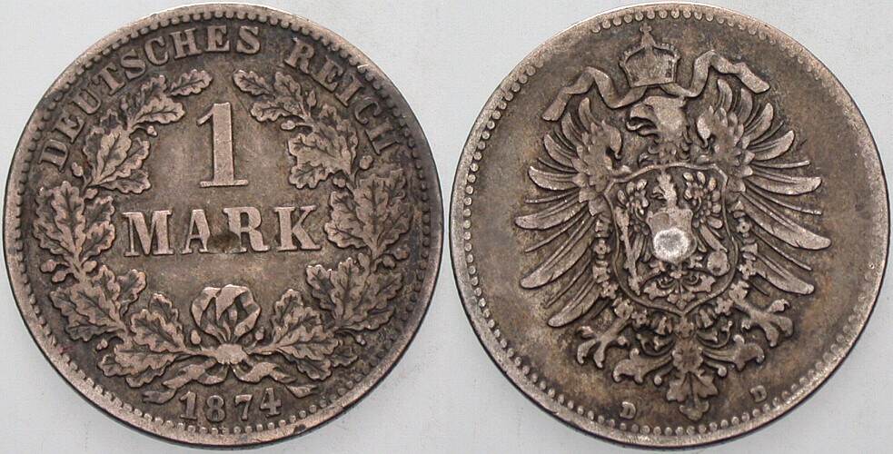 1 Mark 1874 J. 9 Fast sehr schön