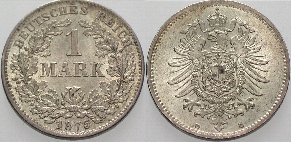 1 Mark 1875 J. 9 Patina, fast Stempelglanz