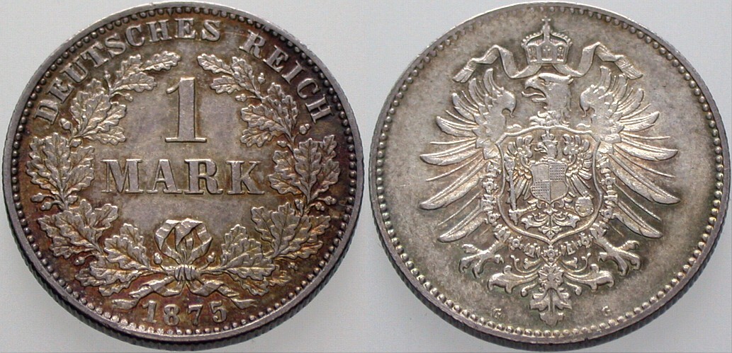 1 Mark 1875 J. 9 Schöne Patina, vorzüglich - Stempelglanz