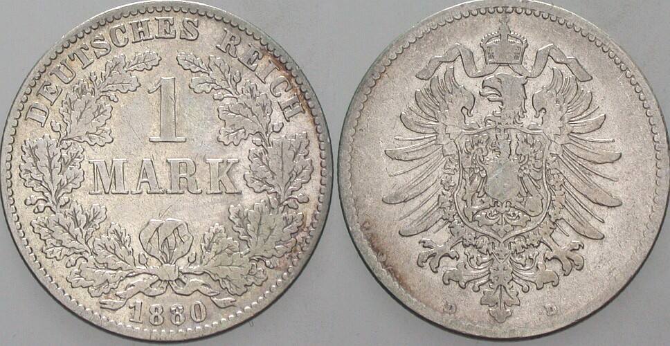 1 Mark 1880 J. 9 Fast sehr schön