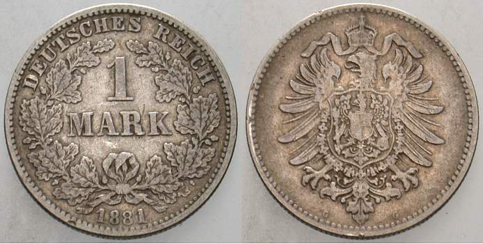 1 Mark 1881 J. 9 Fast sehr schön
