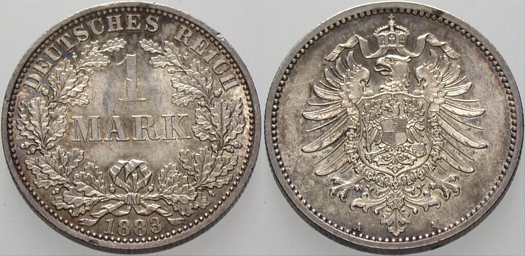 1 Mark 1883 J. 9 Kleiner Randfehler, Patina, Stempelglanz