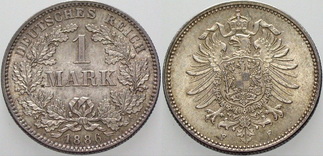 1 Mark 1886 J. 9 Schöne Patina, fast Stempelglanz