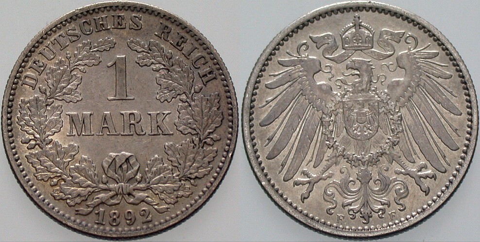 1 Mark 1892 J. 17 Patina, vorzüglich - Stempelglanz