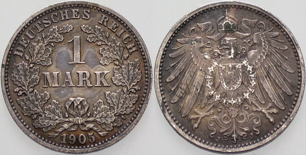 1 Mark 1905 J. 17 dunkle Patina, Stempelglanz