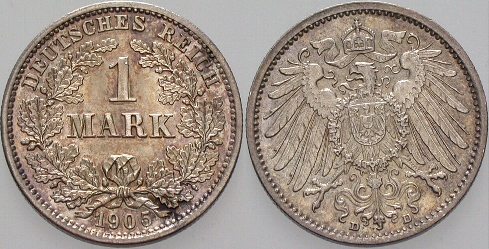 1 Mark 1905 J. 17 Schöne Patina, fast Stempelglanz