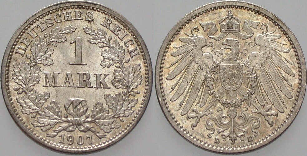 1 Mark 1907 J. 17 Patina, fast Stempelglanz