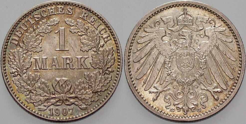 1 Mark 1907 J. 17 vorzüglich - Stempelglanz