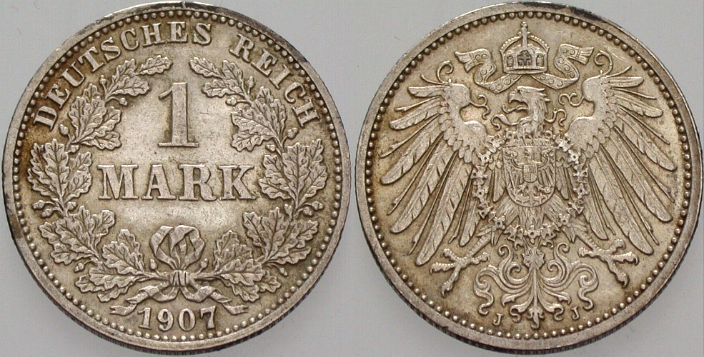 1 Mark 1907 J. 17 winz. Randfehler, vorzüglich - Stempelglanz