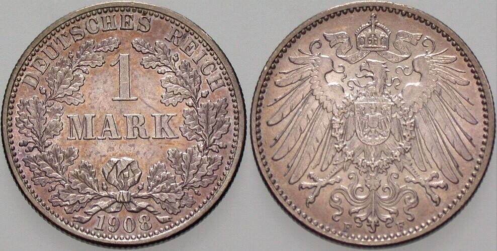1 Mark 1908 J. 17 Patina, vorzüglich +