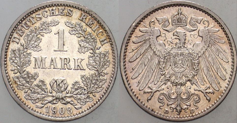 1 Mark 1908 J. 17 Patina, vorzüglich - Stempelglanz(EA)