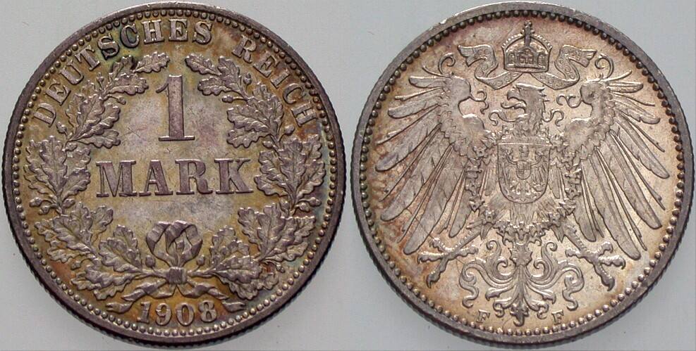 1 Mark 1908 J. 17 Patina, vorzüglich - Stempelglanz