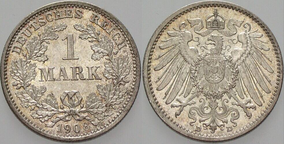 1 Mark 1908 J. 17 vorzüglich - Stempelglanz
