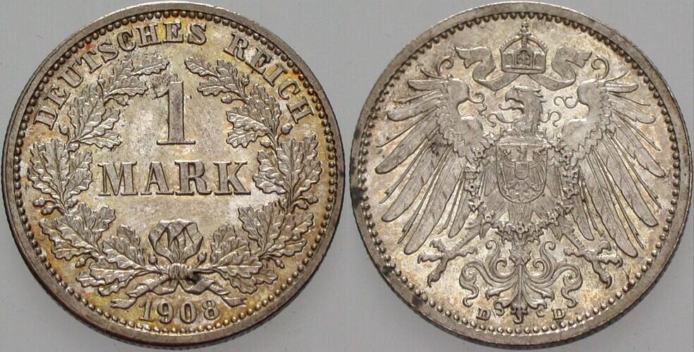 1 Mark 1908 J. 17 vorzüglich von polierten Stempeln