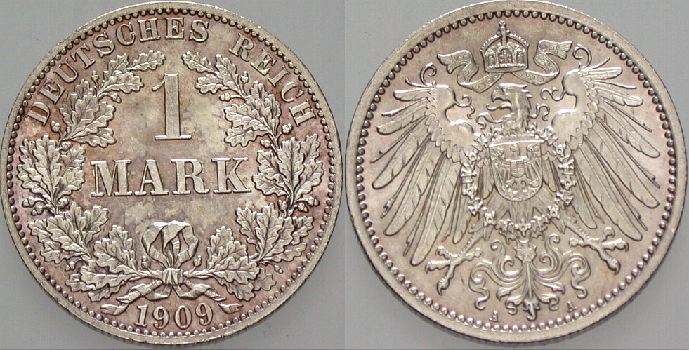 1 Mark 1909 J. 17 Fast Stempelglanz