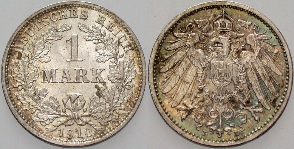 1 Mark 1910 J. 17 Patina, fast Stempelglanz