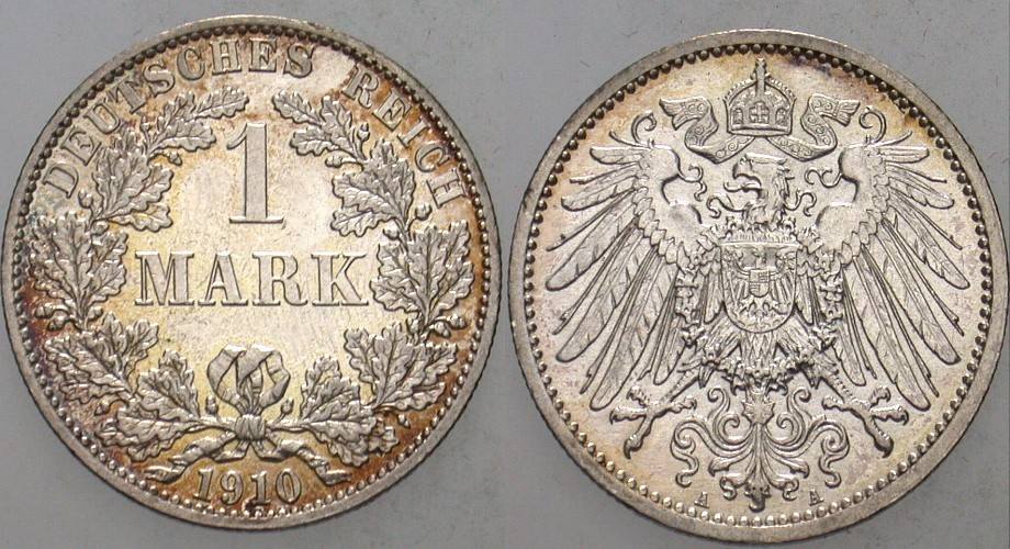 1 Mark 1910 J. 17 Patina, vorzüglich - Stempelglanz