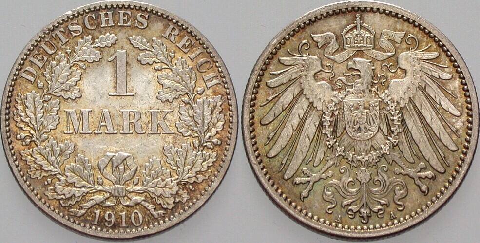 1 Mark 1910 J. 17 vorzüglich - Stempelglanz