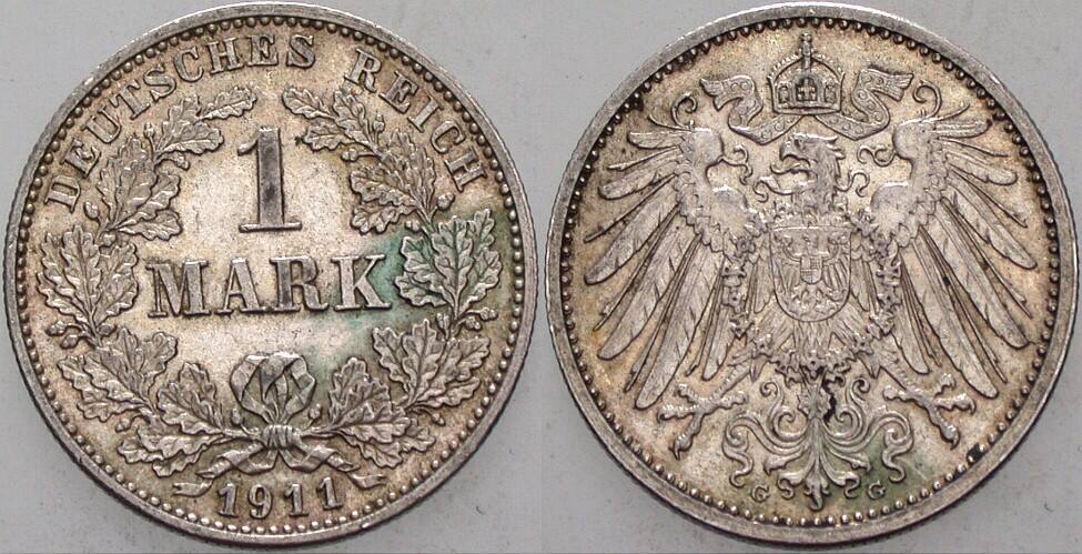 1 Mark 1911 J. 17 Patina, fast vorzüglich