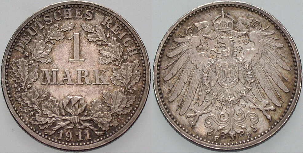 1 Mark 1911 J. 17 Patina, vorzüglich - Stempelglanz
