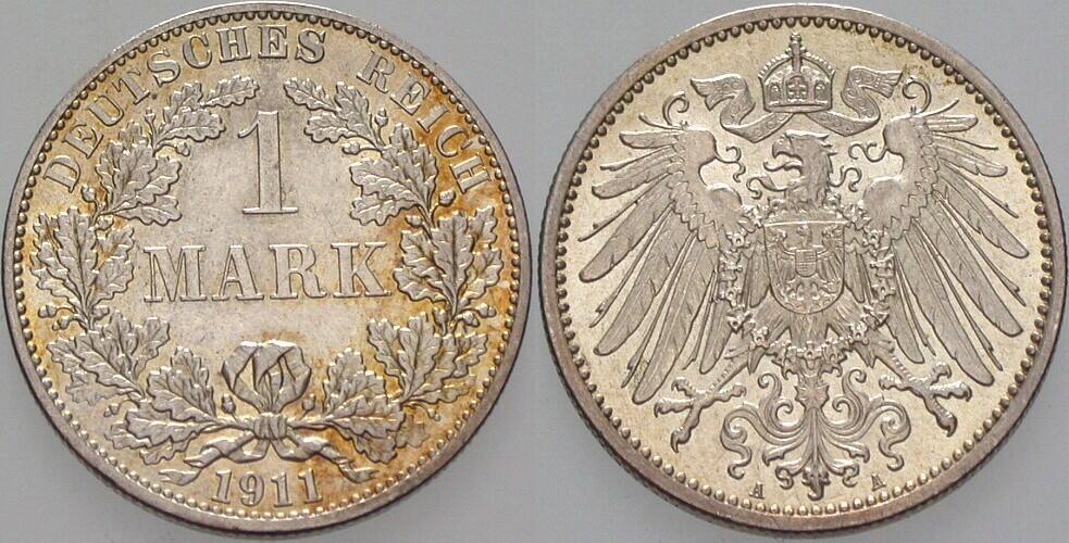 1 Mark 1911 J. 17 vorzüglich - Stempelglanz