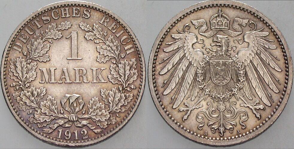 1 Mark 1912 J. 17 Patina, vorzüglich - Stempelglanz