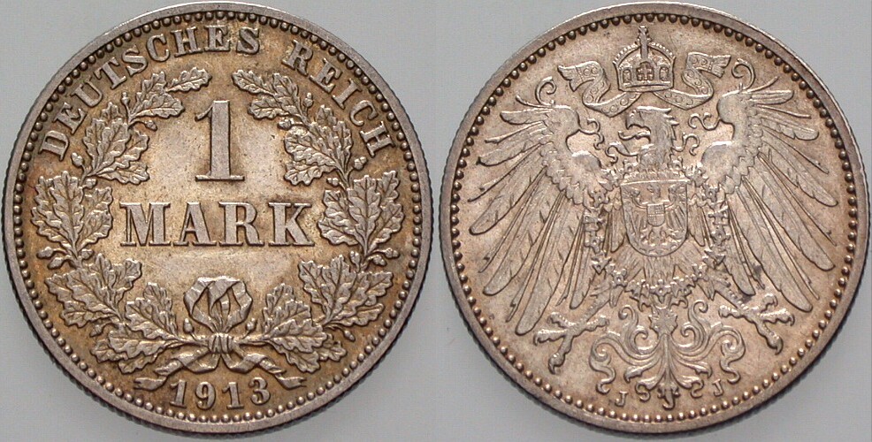 1 Mark 1913 J. 17 Patina, vorzüglich - Stempelglanz