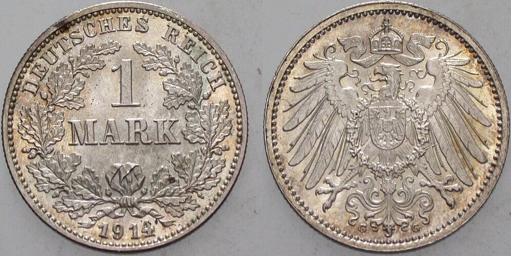 1 Mark 1914 J. 17 Patina, fast Stempelglanz