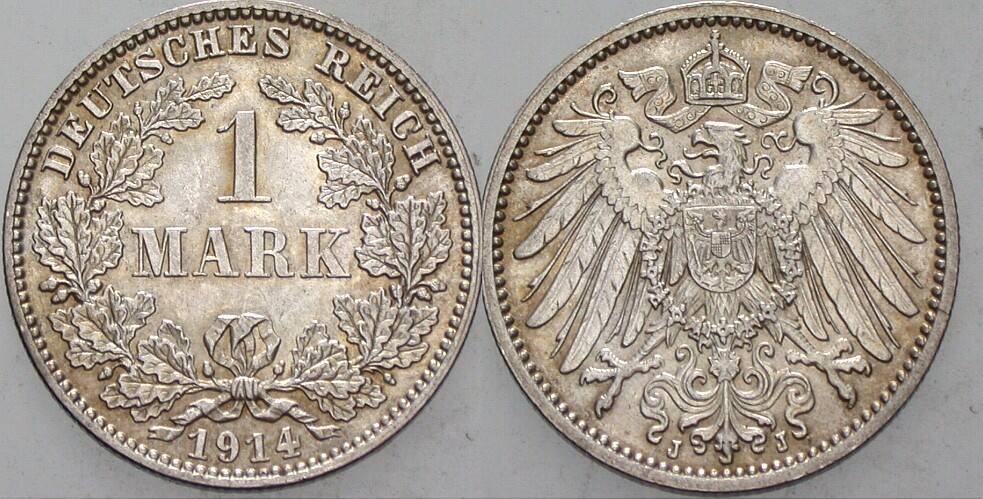 1 Mark 1914 J. 17 Vorzüglich - Stempelglanz