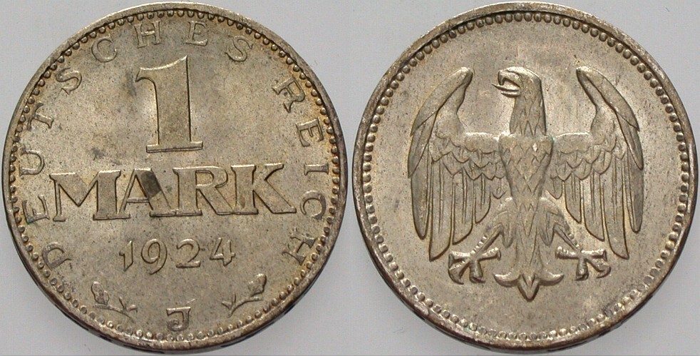 1 Mark 1924 J. 311 Vorzüglich - Stempelglanz