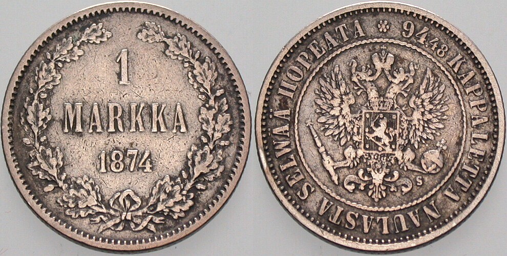 1 Markkaa 1874 Bitkin 631 Sehr schön