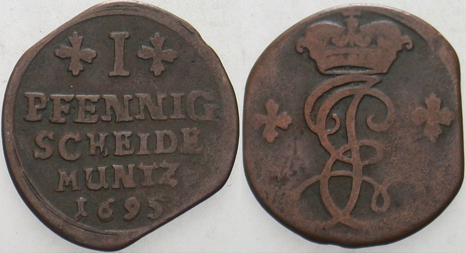 1 Pfennig 1695 Mehl 642 Großes Zainende, schön - sehr schön