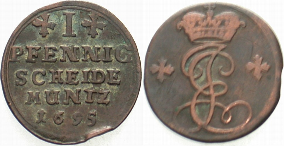 1 Pfennig 1695 Mehl 642 Stempeldrehung, sehr schön