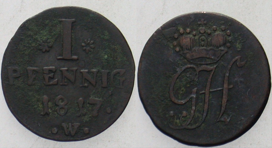 1 Pfennig 1817 Jaeger 15 AKS 38 Belag, sehr schön