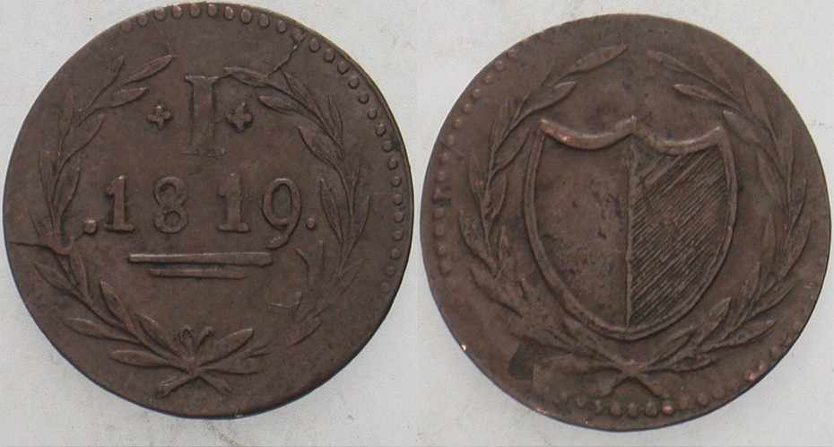 1 (Pfennig) 1819 Jaeger 7 Kl. Schrötlingsfehler, sehr schön