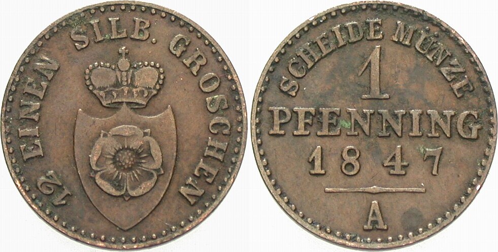 1 Pfennig 1847 Jaeger 14 AKS 9 Patina, sehr schön, Randfehler
